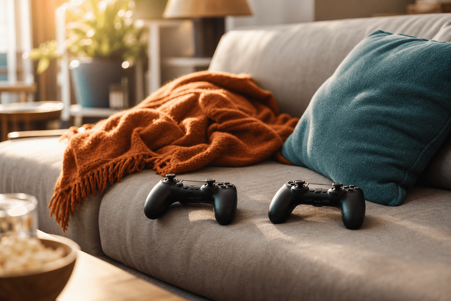 Friends sharing a couch co-op session