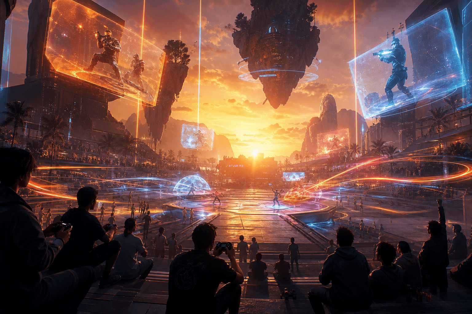 Players gathering in a luminous multiplayer arena